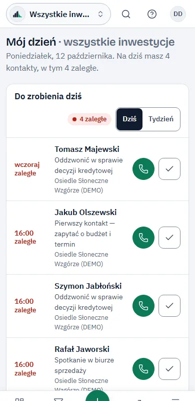 Ekran Mój dzień w DewFlow na telefonie: lista kontaktów do wykonania dzisiaj