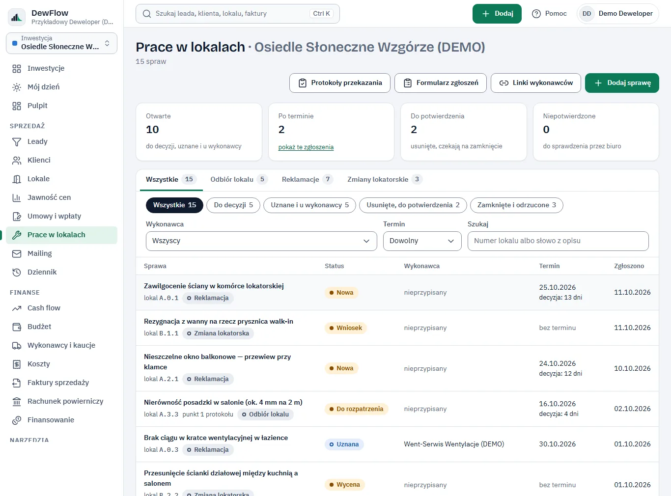 Ekran Prace w lokalach w DewFlow: sprawy w trybach Odbiór lokalu, Reklamacje i Zmiany lokatorskie ze statusami i terminami